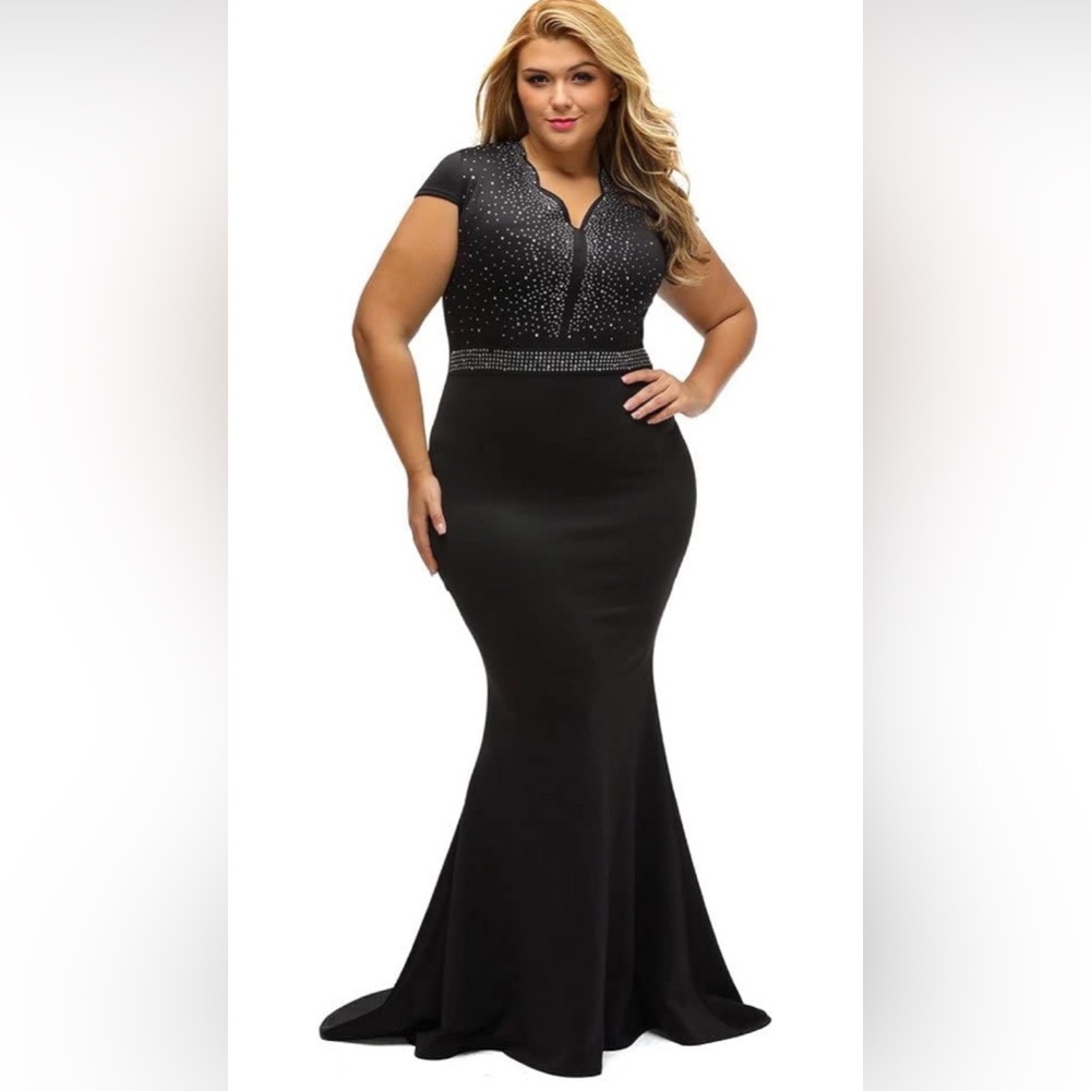 Women's Short Sleeve Rhinestone Plus Size Long Cocktail Evening Dress EUC